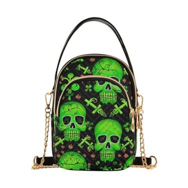 Imagem de TSENQUE Bandeira Americana EUA Bolsa feminina sobre o ombro estampada alça corrente bolsa de telefone Lady Bowler Satchel, Caveiras verdes neon, 5.91x3.15x8.27inches