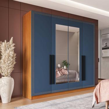 Imagem de Guarda Roupa Roupeiro 4 portas 4 gavetas com Espelho Valência Freijó Azul Politorno Móveis