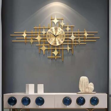 Imagem de WHLBD Relógio de parede grande de 39 polegadas, relógio de parede de metal silencioso que não toca, design de arte estrela, decoração de casa de escritório, dourado