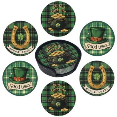 Imagem de sunwarshile Porta-copos para bebidas com suporte porta-copos redondos de couro, conjunto de 6 xícaras, canecas, tapete para bar de cozinha em casa (sorte)