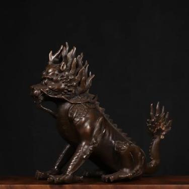 Imagem de FENNYYAR Estátua de besta auspiciosa Kylin de cobre puro, 30 cm 30 cm, sala de estar, armário de vinho, decoração de casa