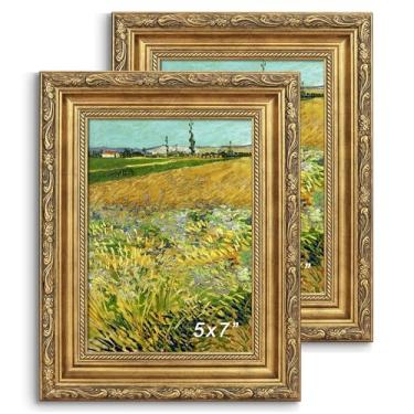 Imagem de GiftMust Moldura dourada antiga, 12 x 18 cm, moldura ornamentada em relevo, 12 x 18 cm com vidro real temperado, suporte de mesa ou parede para impressões de arte ou imagens, pacote com 2