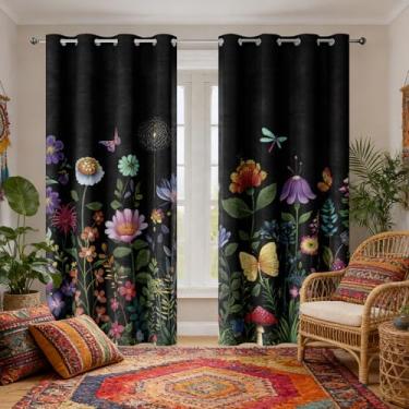 Imagem de Cortinas blecaute florais pretas, lindas cortinas de janela estéticas de flores silvestres, flores escuras, rústica, botânica, vintage, para quarto, sala de estar, 2 painéis, 130 x 203 cm, planta