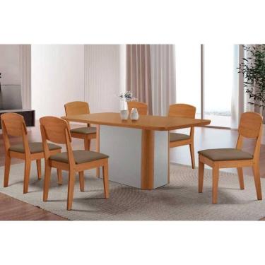 Imagem de Conjunto: Mesa de Cozinha Pietá c/ Tampo Madeirado Canto Curvo 180x90cm e 6 Cadeiras Havana Naturale/Off White - Suede Capuccino - Rufato