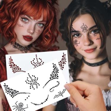 Imagem de Pedras de rosto de Halloween, adesivos autoadesivos vermelhos e pretos com strass olho de aranha e olho de gato, joias de rosto assustador para fantasia de festa de Halloween, acessórios de maquiagem