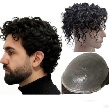 Imagem de Peruca masculina Toupee para cabelo humano Sistema de substituição de cabelo ondulado espanhol de 10 mm em tamanho de base de 25 x 20 cm de comprimento Vloop 0,04 mm PU unidades de prótese de cabelo