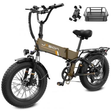 Imagem de Bicicleta elétrica dobrável Jasion X-Hunter Pro marrom com cesto traseiro pneus 20x4 mo...
