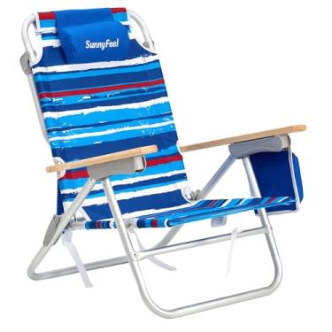 Imagem de SUNNYFEEL Cadeira de praia dobrável com encosto baixo, cadeira de praia resistente de alumínio com 3 posições reclináveis, cadeira de acampamento portátil para adultos com apoio de braço de madeira