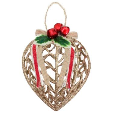 Imagem de Conjunto 6 Peças Decoração Enfeite Bola Coração Árvore Natal Dourada Glitter Natalina 11,5cm