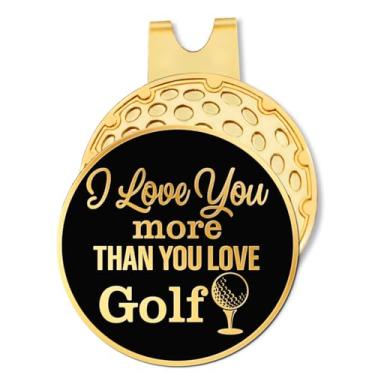 Imagem de Hafhue Marcador de bola de golfe I Love You More Than You Love Golf preto dourado com clipe de chapéu, acessórios de golfe engraçados e presentes de golfe para homens mulheres marido esposa,
