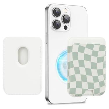 Imagem de Obbii Carteira com suporte magnético para cartão MagSafe, carteira MagSafe compatível com iPhone 15/14/13/12 Series, porta-cartões, cabe em 3 cartões, Tabuleiro de xadrez verde