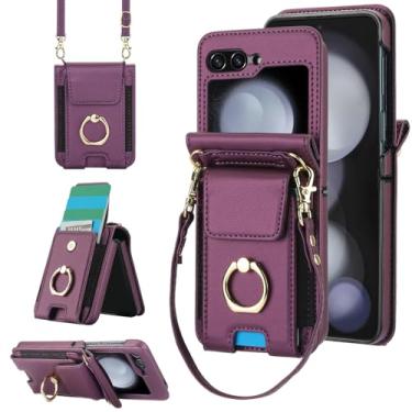 Imagem de Capa de telefone para Samsung Galaxy Z Flip 6 5G 2024 capa carteira com anel e alça de pulso transversal cordão porta-cartão de crédito slot suporte bolsa de couro celular ZFlip6 Z6 G Flip6 mulheres