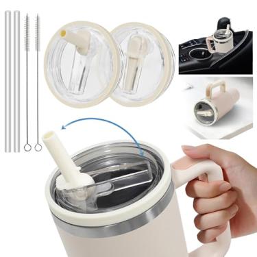 Imagem de Pispoer Tampa de canudo dobrável de 1,134 g para Stanley 1,134 g Quencher, tampa de copo à prova de vazamento e derramamento, capa de canudo reutilizável, branco creme, pacote com 2