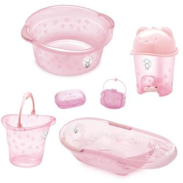 Imagem de Kit banho bebe adoleta banheira + saboneteira bacia e outros rosa tran