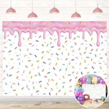 Imagem de Pano de fundo de rosquinha colorido brilhante confete polvilhe donut crescer fundo fotográfico para tema de donut, decoração de festa de aniversário doce de um aniversário de chá de bebê (94 x 70