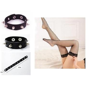 Imagem de Fantasia Punk Feminina Pulseira Spike e Meia Arrastão- 2 Pçs - CM Pres