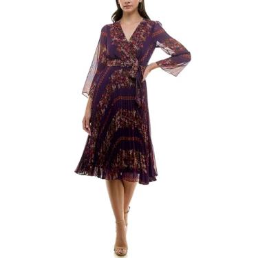 Imagem de Maison Tara Vestido midi feminino sobrepeliz manga sino, Berinjela Multi, 50