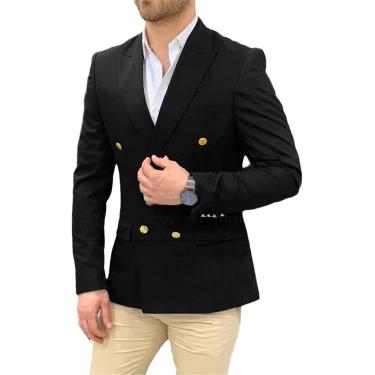 Imagem de Blazer de casamento azul marinho masculino, terno de cavalheiro, botões dourados, casual, slim fit, casaco duplo breasted, preto, l