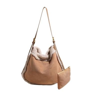 Imagem de CORIOS Bolsa feminina de camurça, bolsa de ombro com lã de cordeiro, vintage, bolsa tiracolo de pelúcia macia, bolsa grande, Caqui, Large