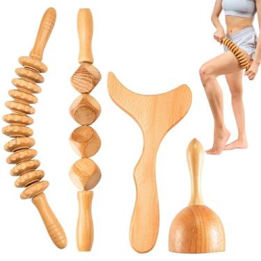 Imagem de Conjunto de 4 ferramentas de massagem terapêutica de madeira para conforto, escultura corporal, drenagem linfática e alívio da dor muscular