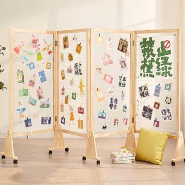 Imagem de Divisória de tela com 4 painéis, painel de parede de grade de arame de madeira com rodas e ganchos para exibição de pintura de estúdio de apartamento de varejo, exibição de painéis de exibição