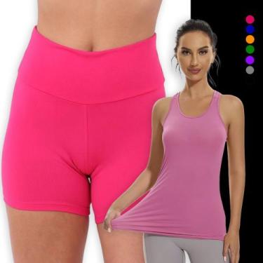 Imagem de Kit Conjunto Fitness SHORT Legging BÁSICO Cós Alto +  Regata Malha Fri