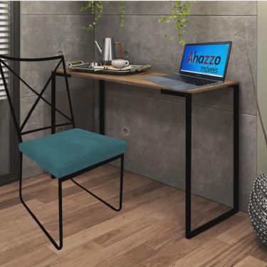 Imagem de Kit Escritório Clark Cadeira e Mesa Industrial Ferro Preto Tampo mdf Carvalho Suede Azul Turquesa - Ahz Móveis