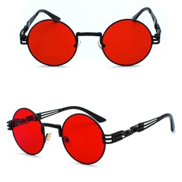 Imagem de VFDHN Óculos de sol vintage retrô gótico steampunk espelhado vintage redondo masculino UV400 (preto transparente vermelho)