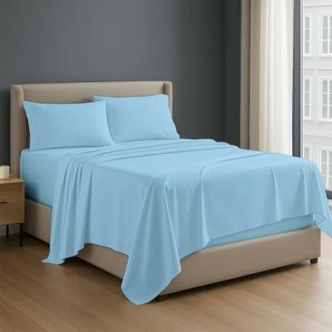 Imagem de Conjunto de lençóis de algodão de 4 peças premium, 100% algodão egípcio, 400 fios, bolso profundo de lençóis de algodão de 45 cm, azul claro liso