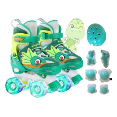 Imagem de Patins Dinossauro Azul De 4 Rodas Meninos Com Proteção + Led  - chicvi