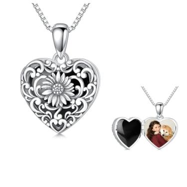 Imagem de Reaii Colar com medalhão de girassol para mulheres, prata esterlina S925, medalhão personalizado com girassol, para fotos, joias, presentes de aniversário, adiustable, Prata esterlina, Turquesa