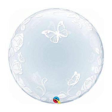 Imagem de Balão de Festa Bubble Duplo 24" 60cm - Rosas e Borboletas - 01 Unidade