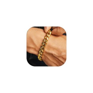 Imagem de Pulseira masculina ChainsHouse cubana de aço inoxidável/banhada a ouro 18 quilates, clássica de 3 mm-13 mm de largura, braceletes de corrente Miami Curb, 21 cm, caixa de presente com