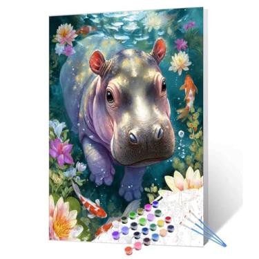 Imagem de Lindo kit de pintura de hipopótamo bebê por números para adultos iniciantes em tela, animais faça você mesmo, pintura a óleo, artesanato, pintura acrílica, koi peixe, decoração de parede para casa