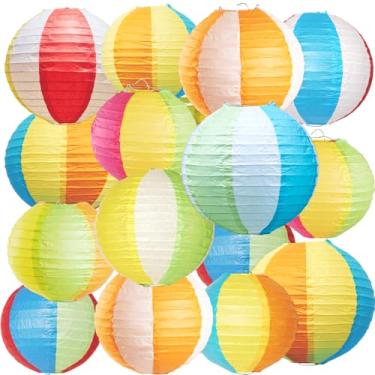 Imagem de Easy Joy 16 peças de decorações de festa na piscina, lanternas de papel bola de praia de verão, decorações redondas coloridas com tema luau, para casa, escritório, quarto, ao ar livre, aniversário