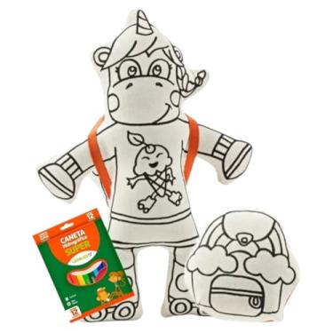 Imagem de Boneca Para Pintar Lavável Unicórnio + Boneco Menino Menina com Mochila Criativa e Reutilizável