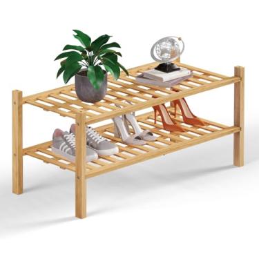 Imagem de Haddockway Organizador de armazenamento de sapatos de bambu de 2 níveis, prateleira empilhável multifuncional com painel de grade para armário, corredor, entrada, espaço pequeno 68 x 28 x 33 cm