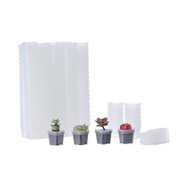 Imagem de BangQiao Pacote com 200 minúsculos vasos quadrados de plástico transparente para berçário e mudas de 4 cm, mini plantador de sementes de transplante com orifício de drenagem para germinação, ervas