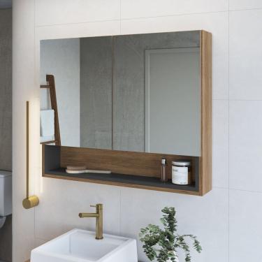 Imagem de Armário Espelheira para Banheiro com 2 Portas e 1 Nicho Helena Mel/Grafite