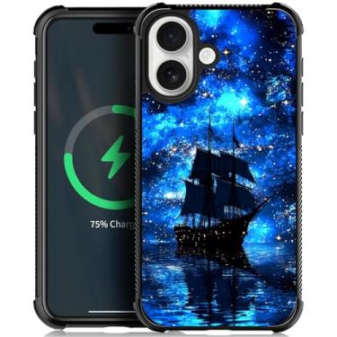 Imagem de CARLOCA Capa para iPhone aaccb compatível com Magsafe para meninas e meninos à prova de choque proteção de silicone macio carga magnética padrão moderno navio pirata vela céu estrelado azul