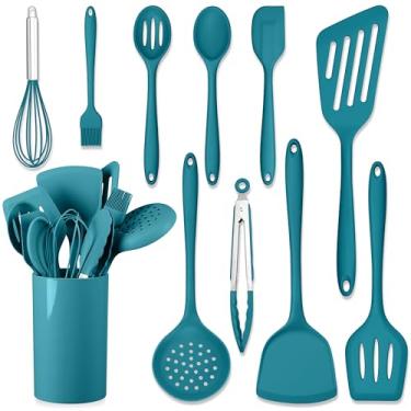 Imagem de HaWare Conjunto de 11 utensílios de cozinha de silicone, resistentes ao calor com suporte, conjuntos de espátulas de grau alimentício para panelas antiaderentes, utensílios de cozinha incluem espátula