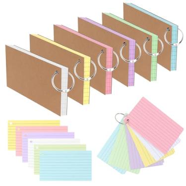 Imagem de TECDW Cartões de índice de 300 peças com capa de papel kraft reforçada, cartões de estudo de 8 x 12 cm, cartões coloridos de revisão para aprendizagem, escritório e casa (6 cores e 6 chaveiros de