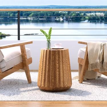Imagem de COSIEST Mesa lateral de madeira para ambientes externos, mesa lateral redonda de concreto com extremidade de concreto, suporte cilíndrico leve para plantas com base de rotund para jardim e deck