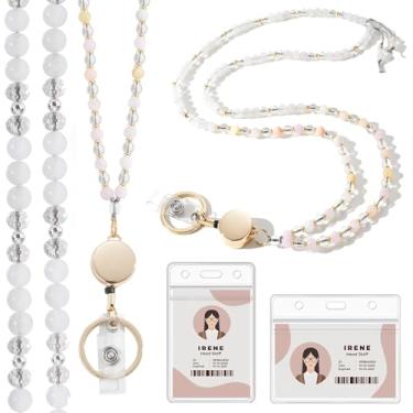 Imagem de Cordão para crachás de identificação e chaves, cordão de professor fofo para mulheres, cordões retráteis com contas de pedra natural com suporte de identificação