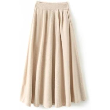 Imagem de Saia Midi Feminina Saia Plissada Elegante Elástica Saia De Cintura Alta Engrossada Saia De Malha Sretchy Confortável Saia Longa Em Linha A, Beige, 3XL