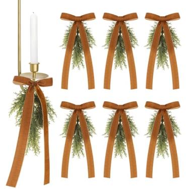 Imagem de Chuangdi 6 peças de gota de Natal com laço de veludo para vela de parede, guirlanda de cipreste, decoração de arco marrom, vegetação artificial, ornamentos de cedro para decoração de lustre de armário