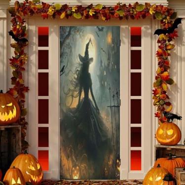 Imagem de senya Capa de porta de Halloween Fire Pumpkin Witch Banner Decor 200 x 89 cm para decoração de festa de parede de portas da frente