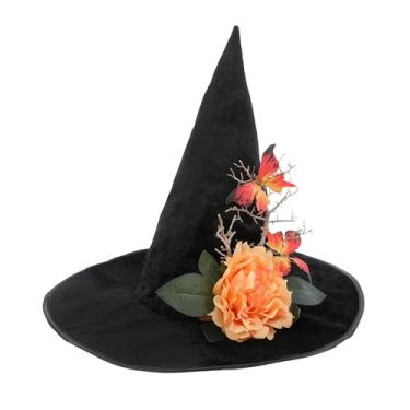 Imagem de RENEMEGO Chapéu de bruxa feminino adulto - fantasia de Halloween chapéus de bruxa com clipe de borboleta flor laranja cosplay bruxo acessórios renascentistas Renfaire baile floresta fantasia