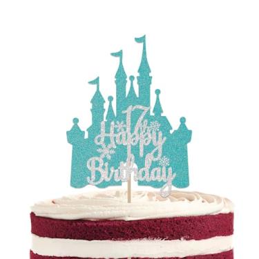 Imagem de Castelo de floco de neve feliz 17º aniversário topo de bolo, decoração de bolo de aniversário de 17 anos com tema de princesa de inverno, decorações de festa de aniversário de 17 anos, prata azul