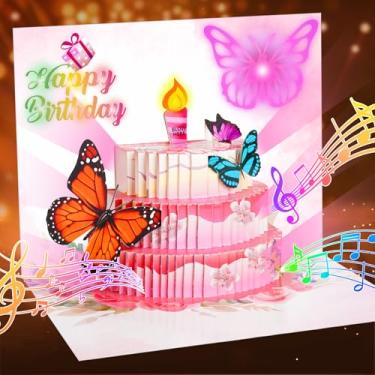 Imagem de Kircirx Cartões de feliz aniversário para mulheres, flores, borboletas, cartão de aniversário pop-up 3D, vela de LED soprável, luz e cartão de felicitações musicais, presentes para mulheres, mãe